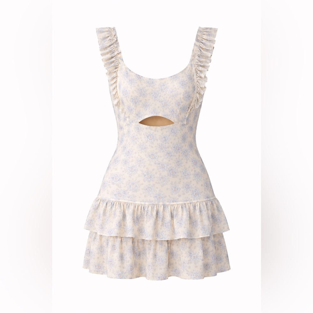 Petal Floral Ruffle Mini Dress M Blue White Cottagecore Cutout